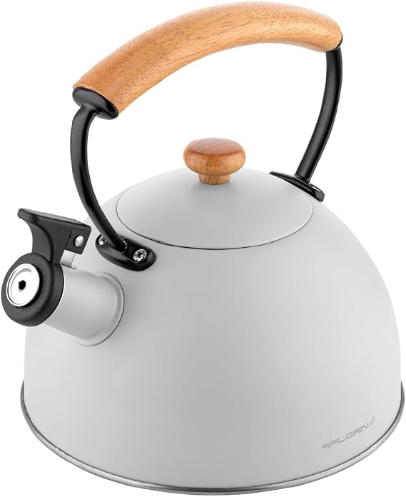FLORINA NATURAI Kettle (2.3 Litres) I Stainless Steel Tea Kettle Whistling Kettle with Wooden Handle I Automatic Whistling I Kettle for Induction Cooker Gas Hob and Electric Hob I Colour: Grey