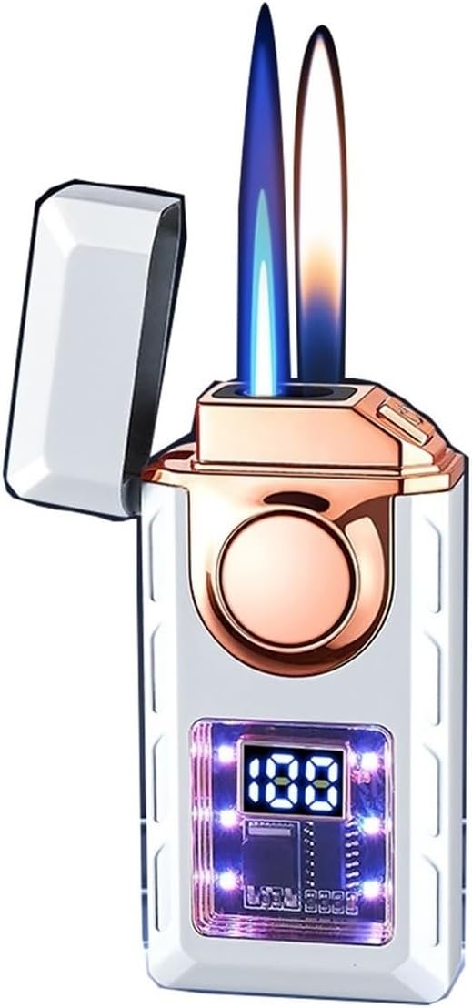 Smart Metal Two-Flame Direct-Injection Lighter, Storm Lighter, Digital Screen Jet Flame, Smart Jet Flame Lighter, Rechargeable Butane Lighter for Men and Women(White)