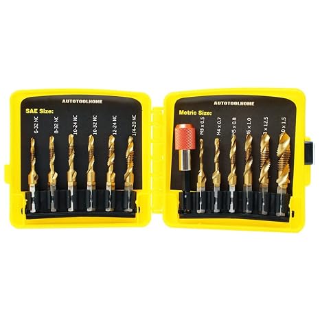 13 Pack Titanium Drill Tap Bit Set, SAE Metric Tap Drill Bits for Metal | Combination Tap Drill Bits for Drilling, Tapping, Deburring and Countersinking Screw Thread with Quick Change Bit Holder
