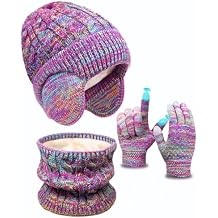 Kids Winter Hat Gloves Scarf Set,Toddler Girls Boys Beanie Hat with Earflaps,Knit Mittens & Neck Gaiter Warmer for Kids 4-12