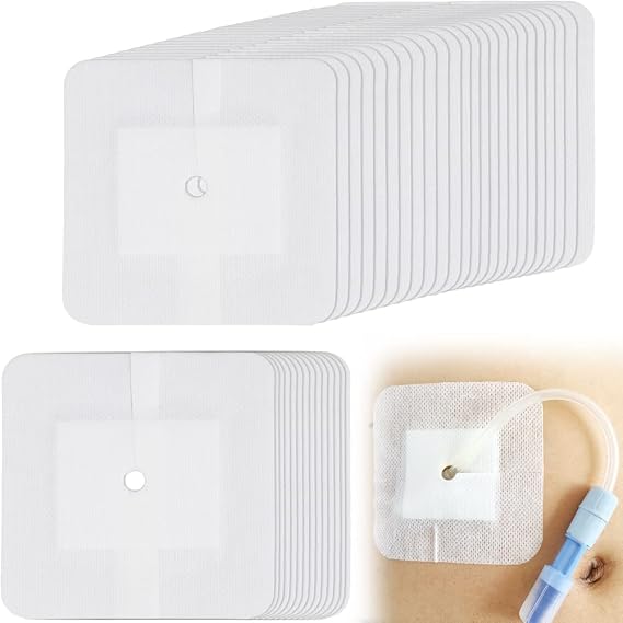 Split Drain Adhesive Bandages 4" x 4", PD Catheter Feeding Tube Pad Drainage G Tubes Holder Covers J Peg Tube Patch Peritoneal Dialysis Accessories Gtube Supplies (Pack of 10)