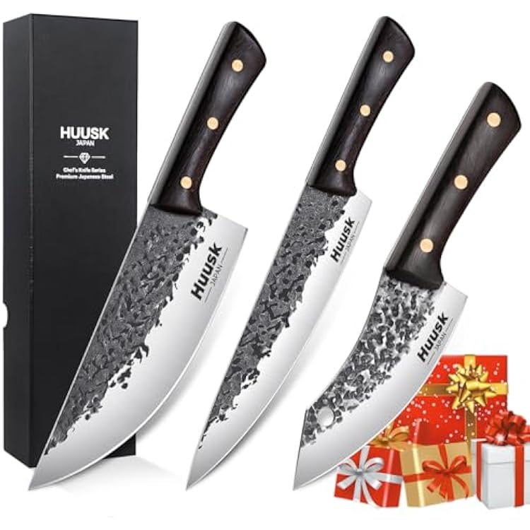 Huusk Hand Forged Chef Knife Set, High Carbon Steel Butcher Knife Set, Japanese Kitchen Knives for Home, Outdoor BBQ Camping Cooking, Gift Idea for Men