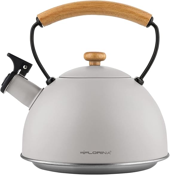 FLORINA NATURAI Kettle (2.3L) - Stainless Steel, Whistling, Wooden Handle, All Hob Types Compatible, Grey