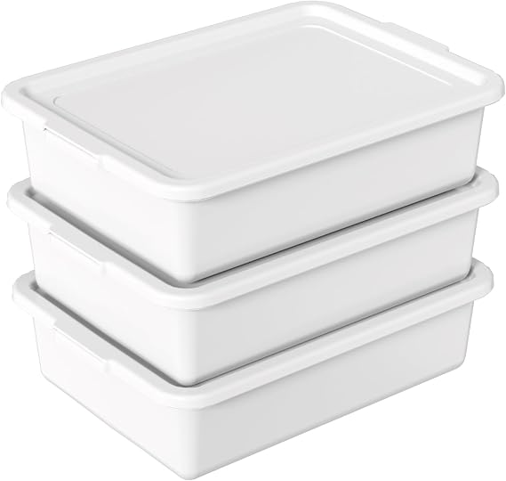 Hespama 3 Pack Commercial Bus Tub with Lid, 13 L Plastic Wash Basin, White