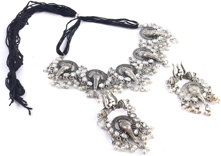 Oxidized Ganesha Temple Choker Necklace Set with Earrings for Women | Indian Traditional Jewelry for Dandiya Night, Weddings and Festivals