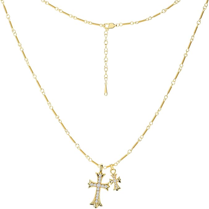 AICase For Chrome Cross Gothic Necklace for women 18K Gold Plated Double Goth Pendant Necklace Dainty Diamond Chain Choker Delicate Faith Jewelry Baptism Catholic Religious Christian Gifts