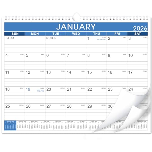2026 Calendar - 2026 Wall Calendar, JAN 2026 - DEC 2026, 12 Monthly Wall Calendar 2026 with Thick Paper, 14.8 x 11.5, Twin-Wire Binding  Hanging Hook  Ruled Blocks with Julian Date - Blue