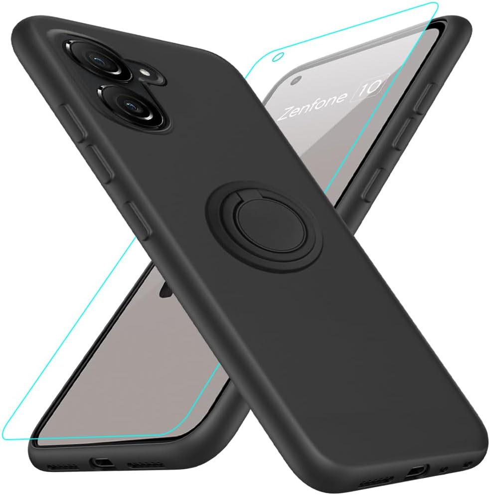 ASUS Zenfone Case with Glass Screen Protector, 360 Rotatable Ring Holder KickstandStand - Silicone TPU Shockproof Protective Case for Zenfone 910 - Black