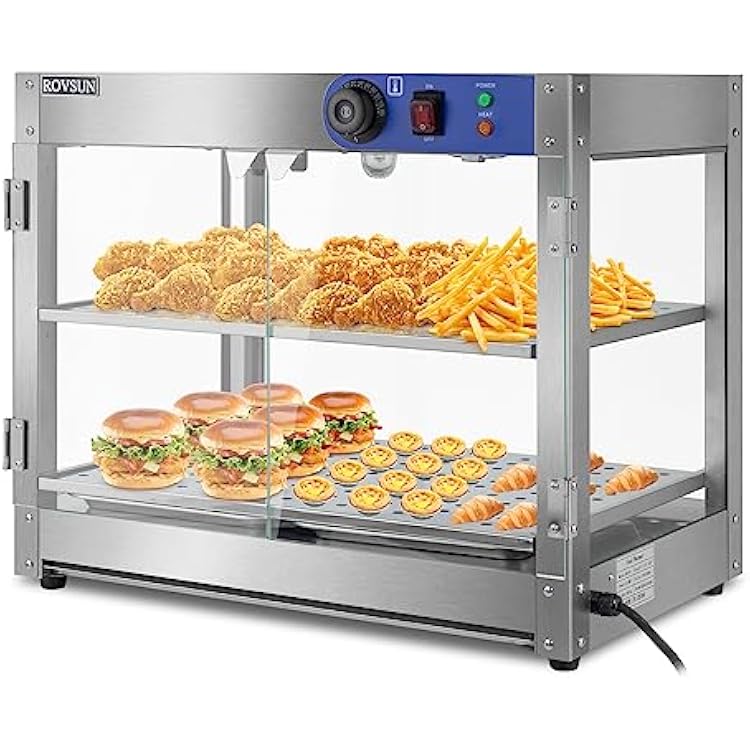 ROVSUN 2-Tier Food Warmer Pizza Warmer, Commercial Food Warmer Display with LED Lighting Removable Shelves Glass Door, Electric Countertop Food Warmer for Buffet Restaurant 110V 800W