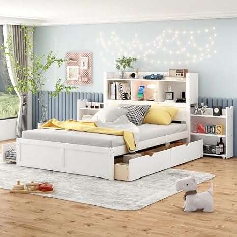 Harper & Bright Designs Full Platform Bed Frame with Twin Size Trundle and 2 Drawers, Full Size Storage Platform Bed with Pull Out Shelves, White