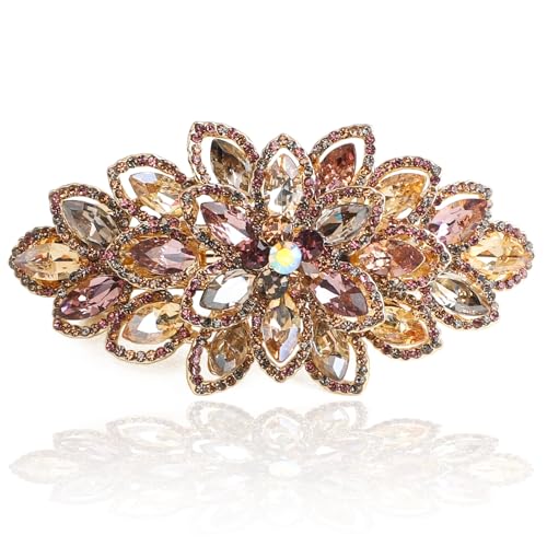 Luxury Gold-plated Rhinestone Hair Barrette for Women, Large Flower Jewelry Design Colorful