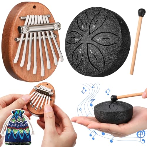 2 Pcs Mini Musical Instruments Mini Hand Kalimba and Rain Drum with Drumstick 8 Keys Finger Thumb Piano and 6 Notes Steel Tongue Drum Percussion Gift for Valentines Adult BeginnersBlack