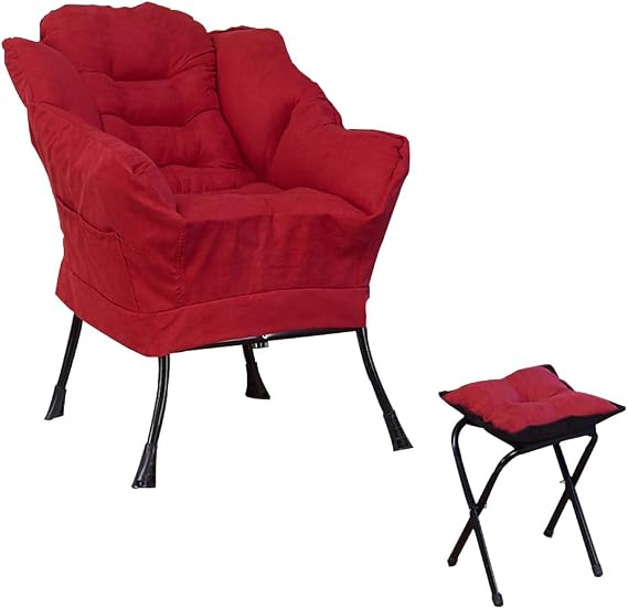 Modern Lazy Chair with Ottoman, Accent Contemporary Lounge Chair with Footrest, Upholstered Single Sofa Chair with Armrests and A Side Pocket, Steel Frame Reading Corner Chair (Wine Red)