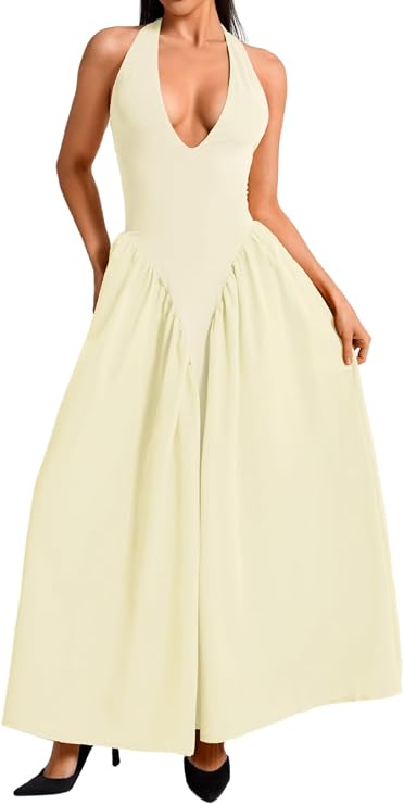 ChiaoLezhee Deep V Neck Dress, Halter Maxi Dresses, Vacation Date Night, Sexy for Women Corset Flowy Wedding Guest Drop Waist