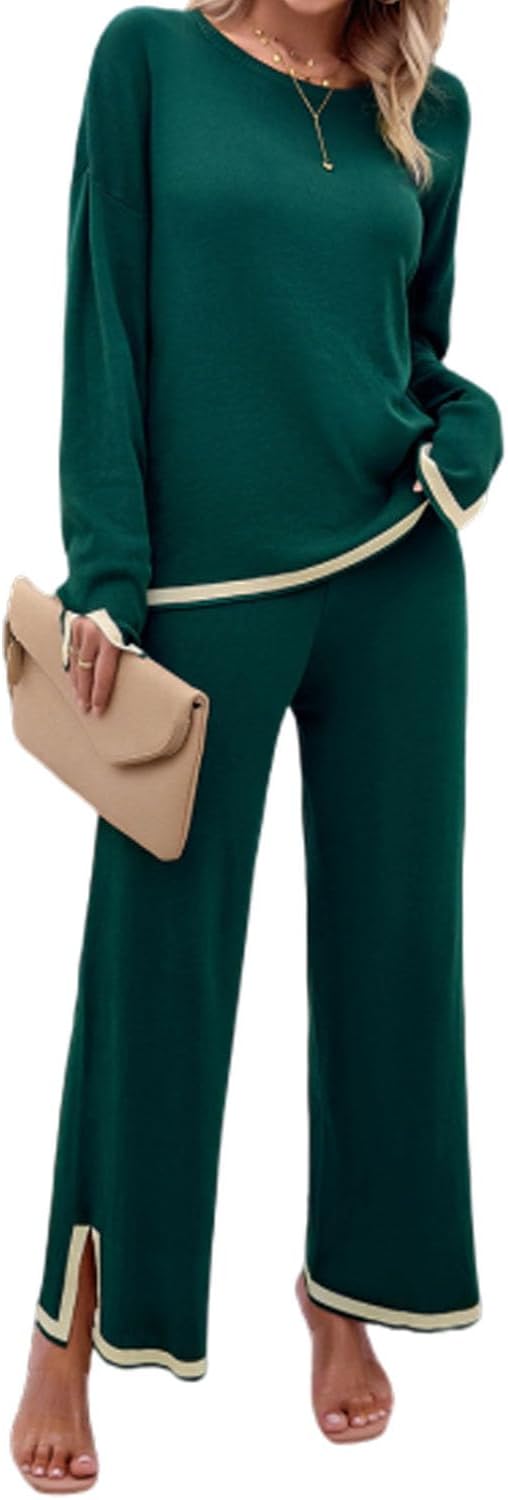 Xixiuly Women's 2 Piece Outfit Sweatsuit Long Sleeve Knit Pullover Sweater Tops Wide Leg Pants Casual Lounge Sets Tracksuits