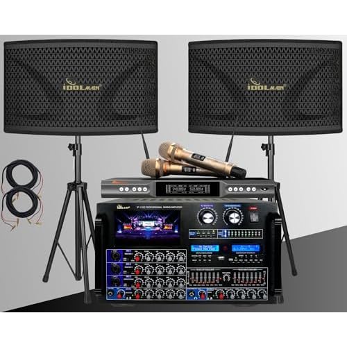 IDOLmain Bluetooth Built-in 8000W Professional Mixing Amplifier with 4000W 12 High-End Speakers with Bass Booster and Wireless Microphones Home Karaoke System