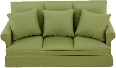 1:12 Scale Cute Fabric Three-Person Sofa Dollhouse with 3 Pillows Miniature Wooden Furniture Couch Handmade Crafts Supplies Any Dollrooms Life Scenes Decor Green Dollhouse Accessories