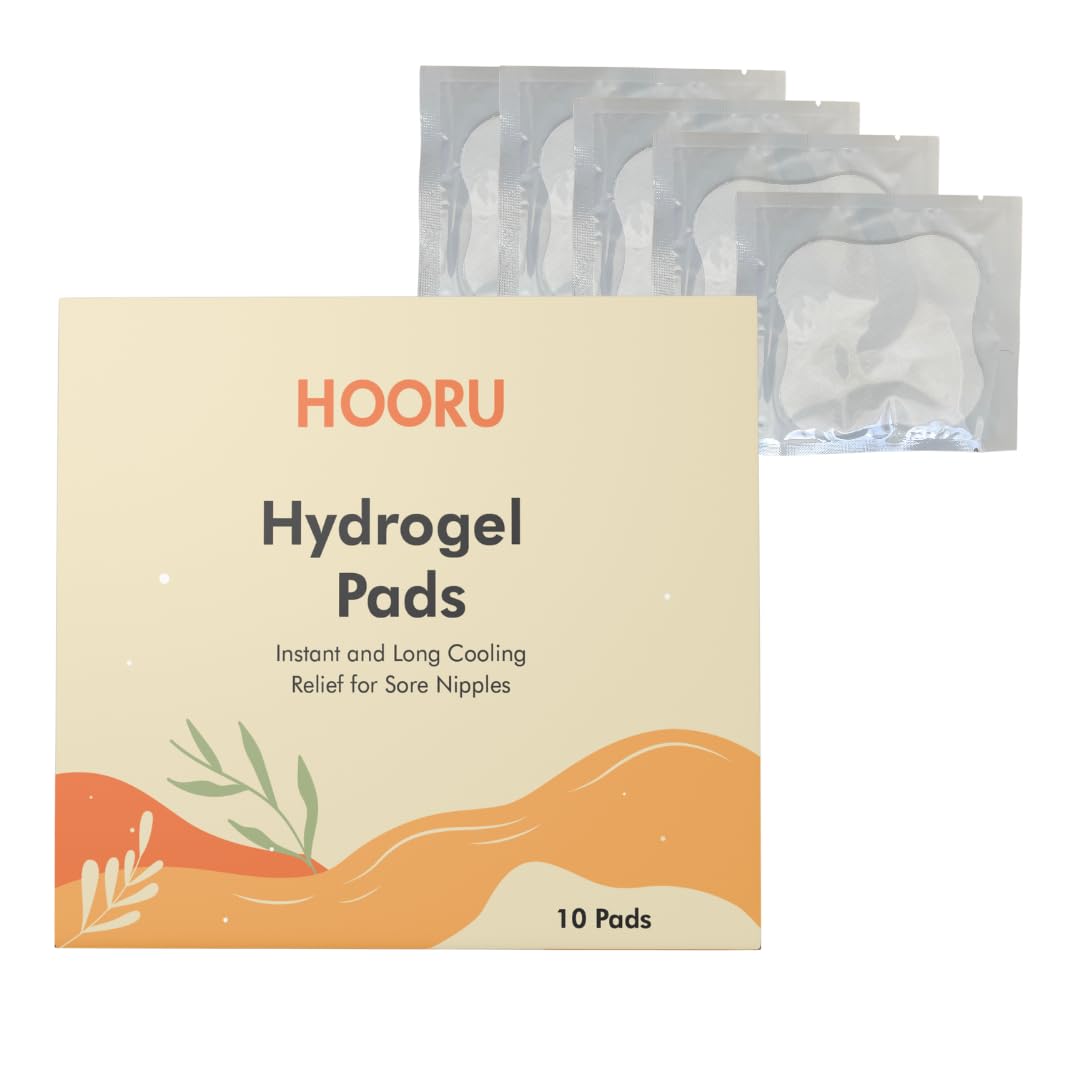 Hooru Hydrogel Breast Pads - Instant and Cooling Sore Nipple Relief from Breastfeeding, 10 Ct Soothing Hydrogel Nipple Shield Pads, Postpartum Breastfeeding Essential, Reusable Up to 24 Hours