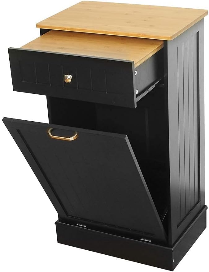 Threa New Kitchen Tilt Out Trash Cabinet with Solid Hideaway Drawer, Wooden Recycling Cabinet Trash Can Holder, Removable Cutting Board Black