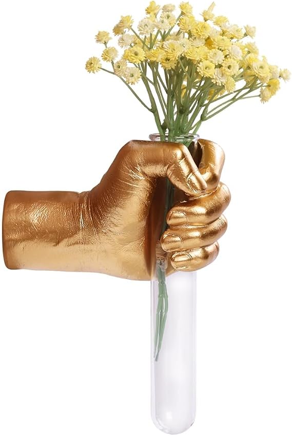 Gold Resin Wall Mounted Hand Vase with Glass Tube, Gothic Wall Sculpture