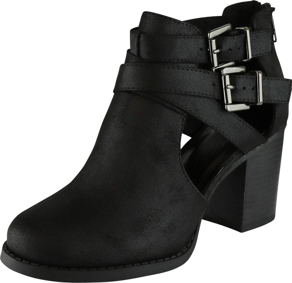 Womens Side Cut Out Buckle Chunky Stacked Heel Ankle Bootie 10 BM US, Black PU
