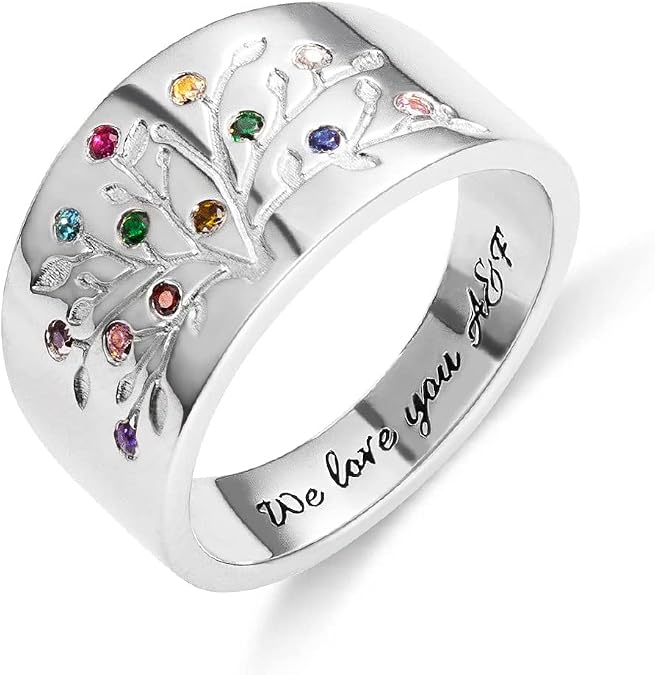 Getname Necklace Personalized 1-20 Birthstone Family Tree Ring Tree of Life Family Rings for Mom Grandmother - Custom Jewelry Gift for Her Sterling Silver Birthstone Ring Sterling Silver/Brass