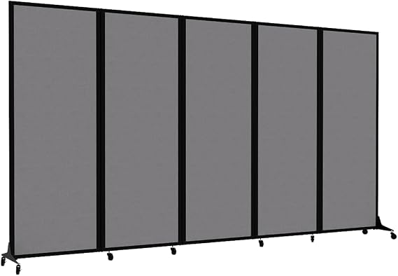 Versare Easy Wall Folding Room Divider | Freestanding Office Partitions | Classroom Dividers | Locking Wheels | Portable Room Separator | 5 Panel | 14' Wide x 6' Tall | Cloud Gray Fabric