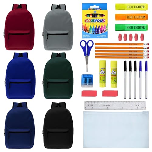 Moda West 15 Inch Bulk Backpacks with 36 Piece School Supplies Kits - Pens, Pencils, Crayons - Case of 12 in 6 Assorted Colors