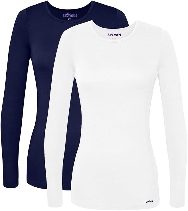 Sivvan Scrubs for Women - Long Sleeve Comfort Underscrub Tee Multicolor 2-Pack - S85002M - Navy/White - S