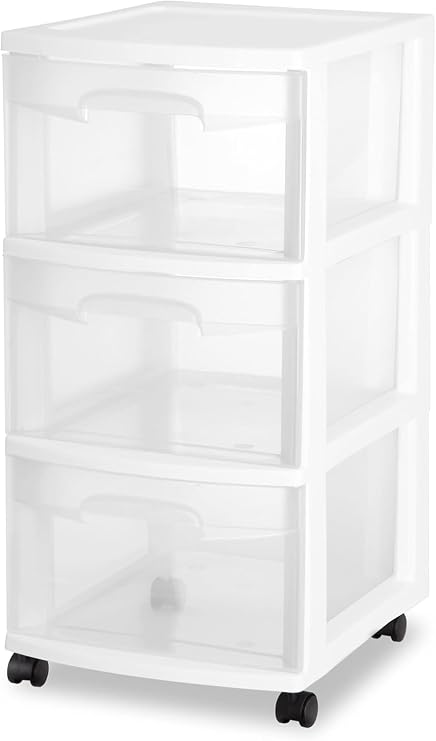 Plastic Storage Drawer Cart, Medium Home Organization Storage Container with 3 Large Drawers w/Removeable Wheels,Set of 1 (White)