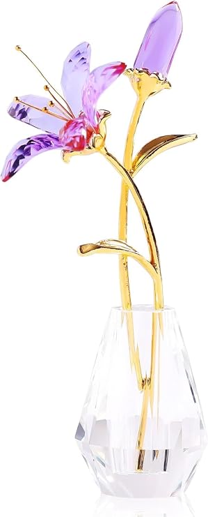 Purple Crystal Lily Flower Figurine with Stems - Handmade Collectible Statue for Decoration Mothers Day Centerpiece Valentines Day Bridal Shower Gift