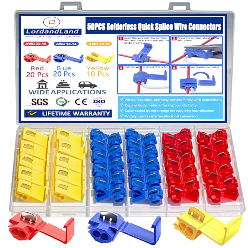 50PCS Solderless Quick Splice Wire Connectors, 22-10 AWG Lock Snap Electrical Wire Connector Insulated Crimp Connector22-18AWG Red 20PCS, 18-14AWG Blue 20PCS, 12-10AWG Yellow 10PCS