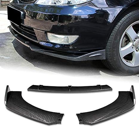 EPARTS Universal 3 Pieces Style Carbon Fiber Look ABS Front Bumper Lip Spoiler Side Body Kit Trim Protection