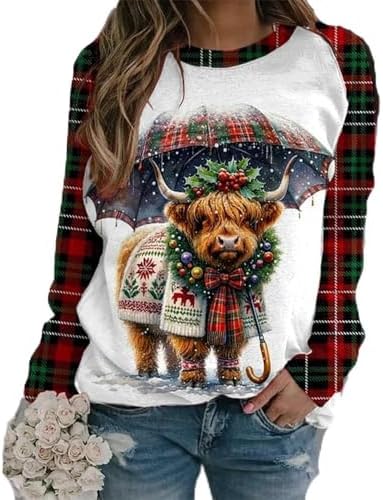 Cute Highland Cow Print Women Funny Vintage Sweatshirt Highland Cow Print Casual Sweatshirt Funny Casual Cow Sweater