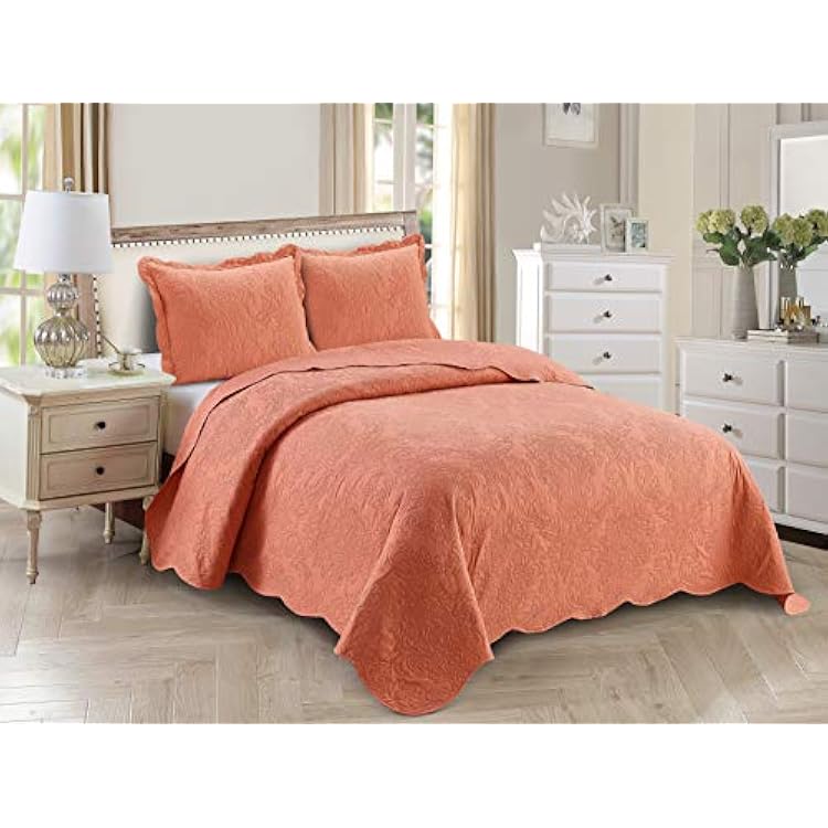 Kids Zone Home Collection, Over Size, Elegant Vintage Floral Pattern Embossed, Light Weight, Scalloped Edges, Bedspread Set, Solid, #Stacy, 3 Pieces, KingCalifornia King, Coral
