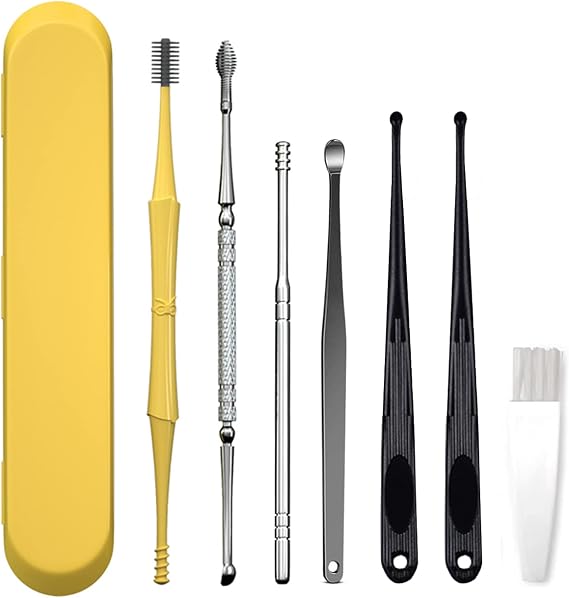 HOTX Ear Wax Removal Kit, Ear Cleansing, Cleaning Brush and Storage Box, One-Piece Ear Picker Design for Adults and Kids (Yellow 7Pcs)