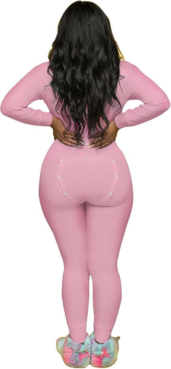 Womens Sexy Onesie Pajama with Butt Flap Long Sleeve V Neck Bodycon One Piece Jumpsuit Back Trapdoor Romper Sleepwear