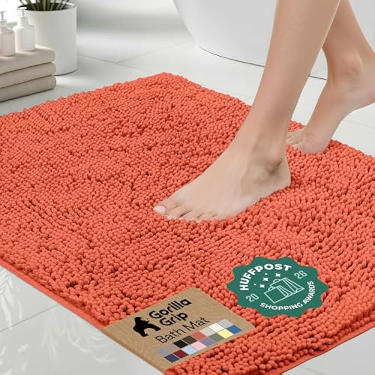 GORILLA GRIP Bath Rug Mat 44x26, Thick Soft Absorbent Chenille, Quick Dry Microfiber Mats, Rubber Backing Washable Shower Floor Rugs, Bathmat Runner, US Designed Bathroom Home Decor Accessories Coral