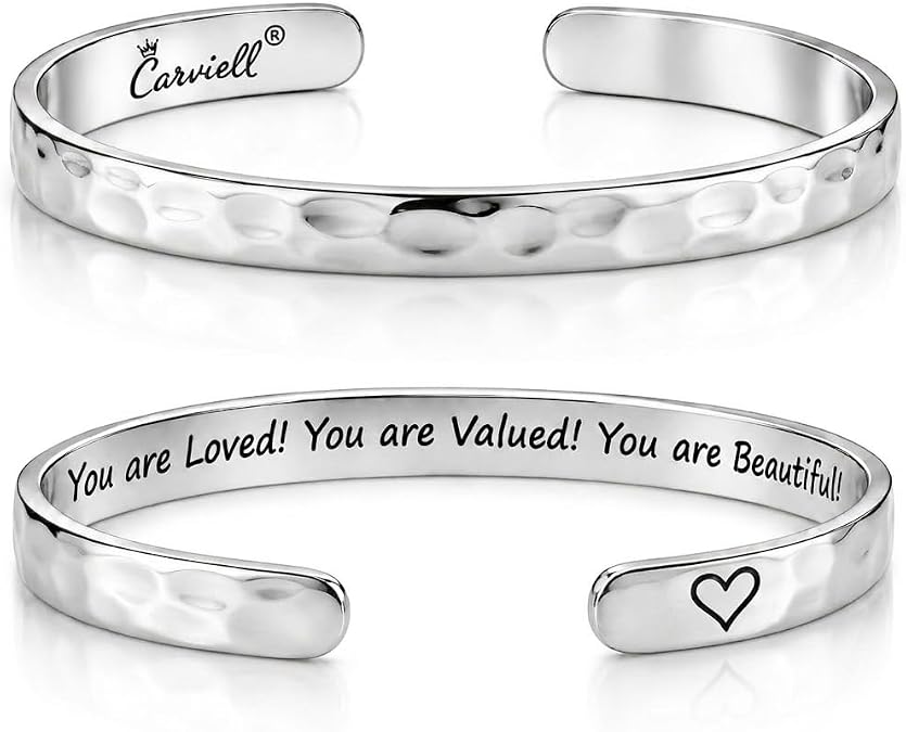 Carviell Bracelets for Women 100+ Meaningful Engraved Messages Solid 316L Surgical Stainless Steel Cuff Bracelet Gift Ready
