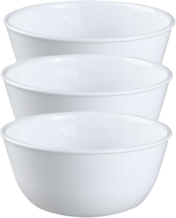 Corelle Livingware Set of 3 Winter Frost White 28 oz Vitrelle Glass Soup & Cereal Bowls Chip-Resistant, Microwave & Dishwasher Safe Everyday Bowls