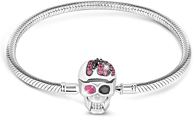 GNOCE Elegant Skull Bracelet With Black And Fuchsia Crystals Handcrafted Sterling Silver With An Elegant Bangle Fit All Major Brands Of Charms Bracelets 17.0 Centimeters6.7in