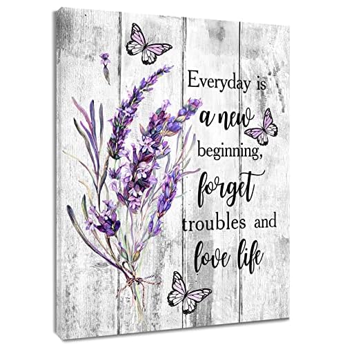 LB Farmhouse Purple Floral Wall Art- Rustic Lavender Flower Bathroom Wall Decor- Butterfly Funny Motivational Grey Canvas Prints for Bedroom Living Room Kitchen Office, 12x16 inches