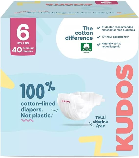 (1 Pack) ~ Kudos Chlorine~Free Premium Diapers, 100% Cotton-Lined - Size 6, 40 Count ~ White.