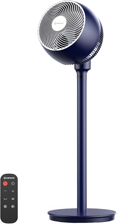 AIRMATE Standing Fan for Bedroom, 9" Blade Pedestal Fan with Remote, DC Motor, 12 Speeds, Quiet 25dB, 960CFM High Airflow, 85ft, Adjustable Height (12"-37"), 12H Timer, 80 Oscillating fan, DarkBlue