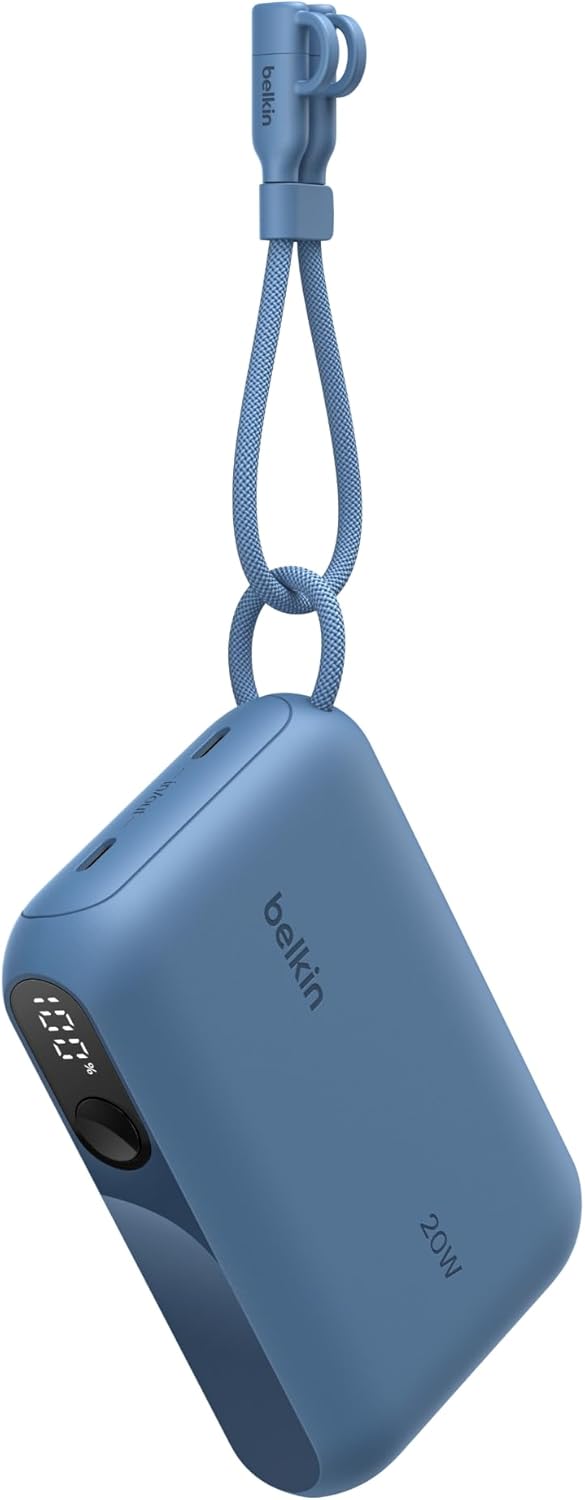 Belkin Taşınabilir Şarj Cihazı, 10.000 mAh USB-C İnce Güç Kaynağı, 2 USB-C Port, Dijital Pil Göstergesi, 20 W Hızlı Şarj, iPhone 16, 15 Serisi, Samsung Galaxy S25, S24, Pixel 9, iPad ve Fazlası, Mavi