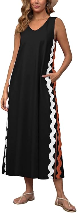 utcoco Women's Summer Beach Boho Flowy Maxi Dress Casual Sleeveless V Neck Side Slit RIC Rac Tank Dress