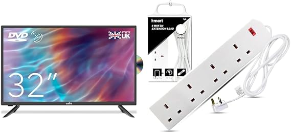 Cello ZF0223 32" inch HD Ready LED TV with built in DVD player with Freeview HD Built in Satellite & Heavy Duty Extension Lead UK Pin Plug and Cable, 4 Gang Way 2m Power Adapter