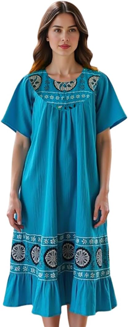Loungees Womens Lounge Dress - Boho Midi Muu Muu Dress with Printed Border, Relaxed Fit Crinkle Cotton Gauze, Side Pockets