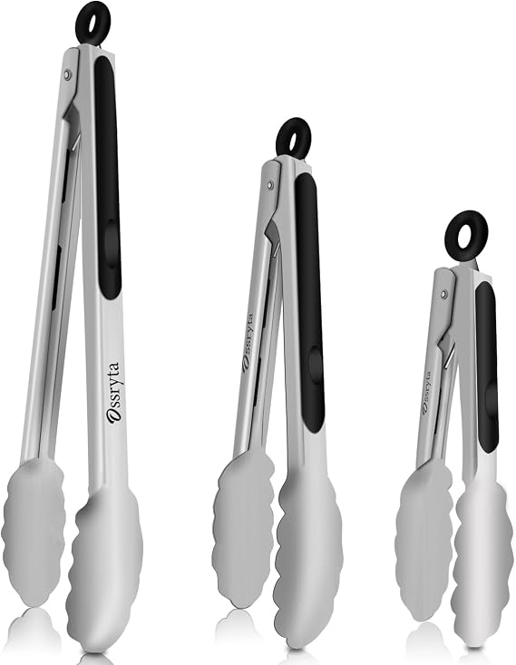 Stainless Steel Cooking Tongs Set of 3 - Heavy Duty 12/9/7 Inch Locking Tongs, Heat Resistant to 600 Degrees, Food Grade Kitchen Metal Tong for Food, Salad, BBQ - Dishwasher Safe