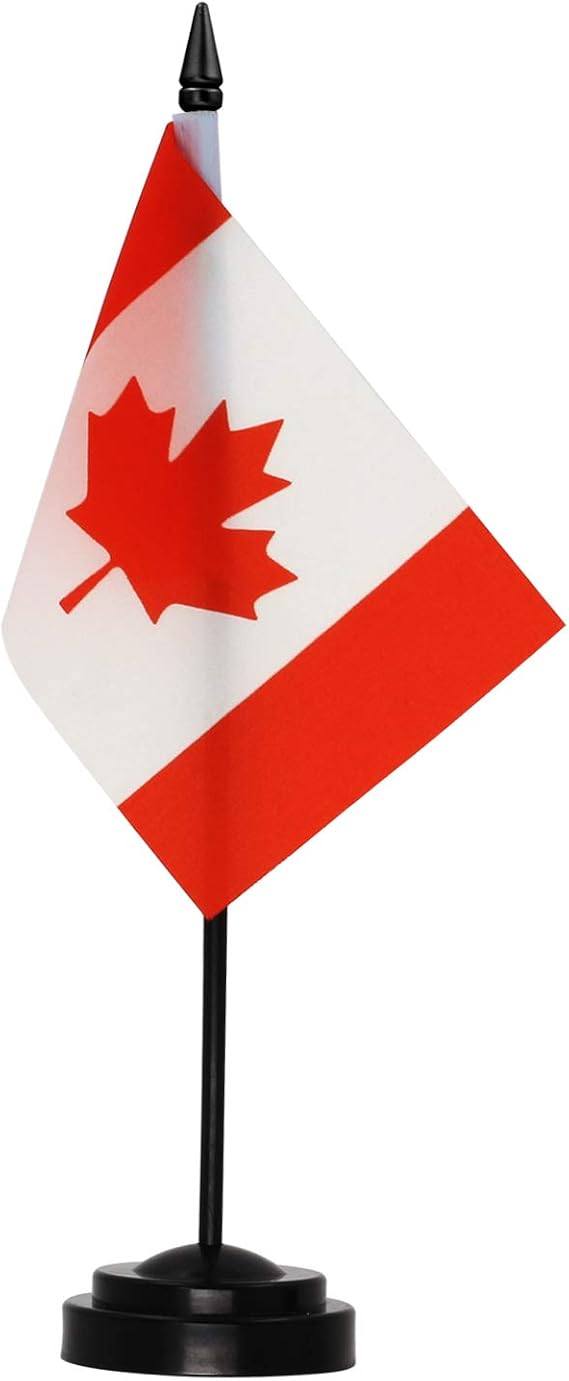 Anley Canada Deluxe Desk Flag Set - 6 x 4 Inch Miniature Canadian Desktop Flag with 12" Solid Pole - Vivid Color and Fade Resistant - Black Base and Spear Top